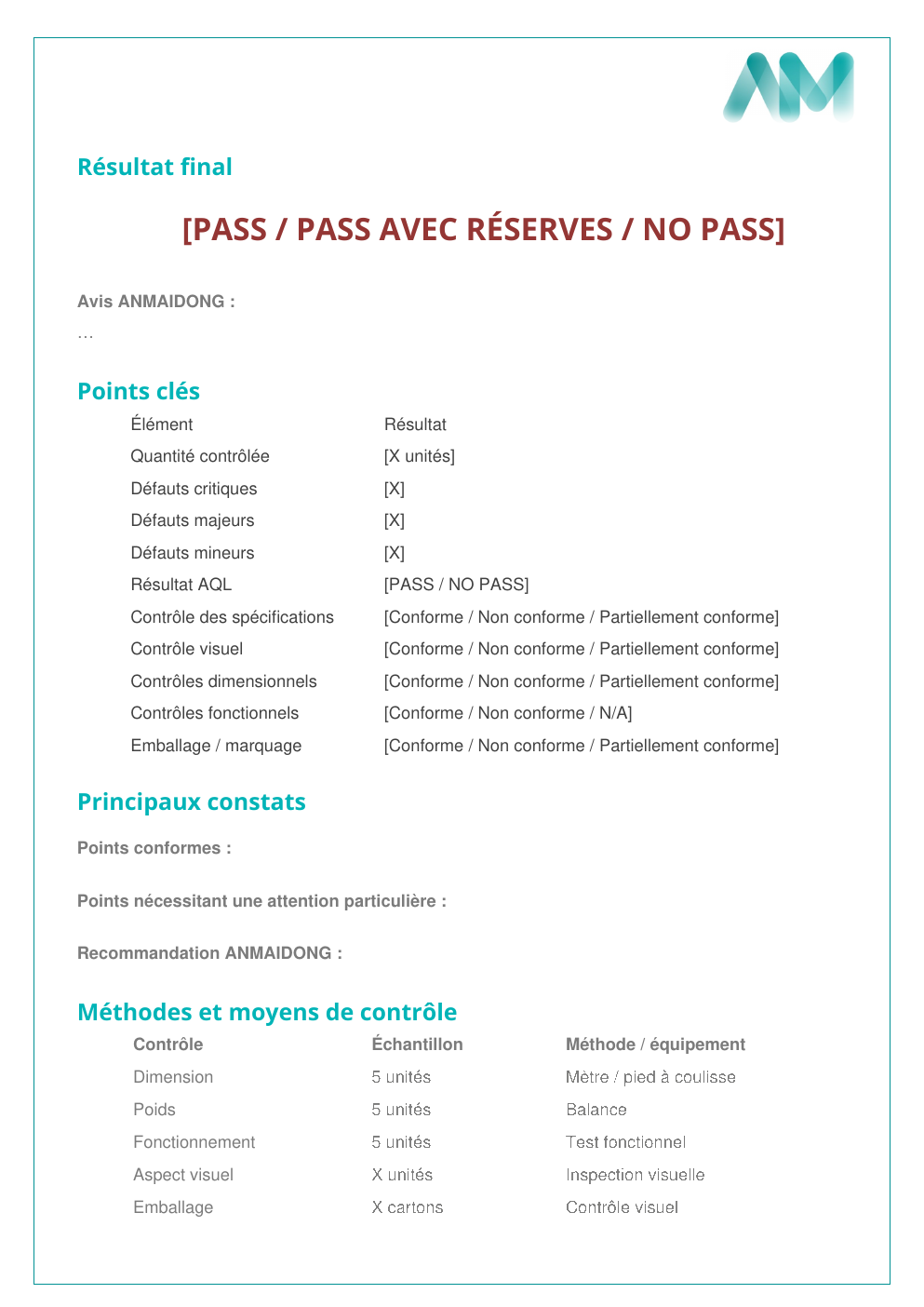 Page de synthèse d'un rapport d'inspection ANMAIDONG