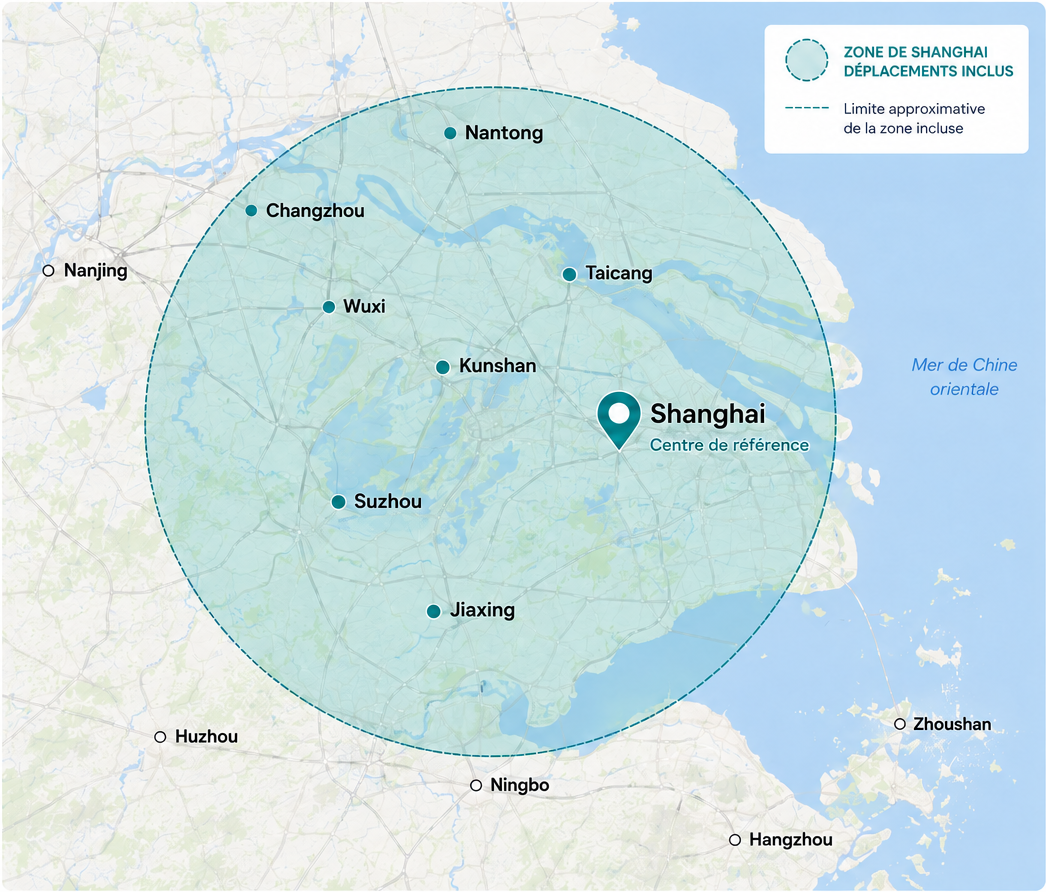 Carte de la zone de déplacement autour de Shanghai et des principales villes limitrophes